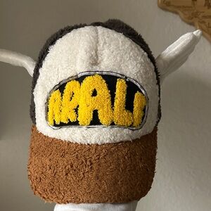 Brown and White Fuzzy Hat with Yellow Logo